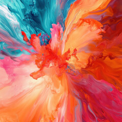 Vibrant color splash with soft diffusion, bright orange, turquoise, and fuchsia blending dynamically, high-energy abstract art, ultra-HD resolution 
