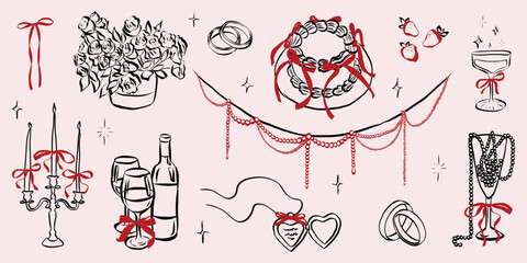 Hand drawn coquette wedding elements. Vintage cute symbols with ribbon and bow in simple crayon sketch style. Trendy art for Valentine day and bachelorette invitations. Outline vector illustration
