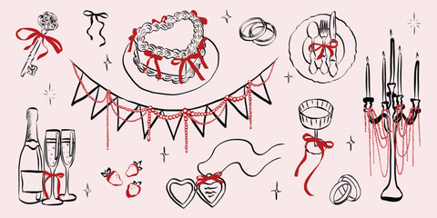 Naklejka na ściany i meble Hand drawn coquette wedding elements. Vintage cute symbols with ribbon and bow in simple crayon sketch style. Trendy art for Valentine day and bachelorette invitations. Retro vector illustration