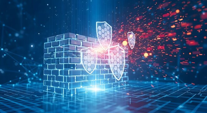 Digital firewall protecting network data from cyber threats with glowing shields