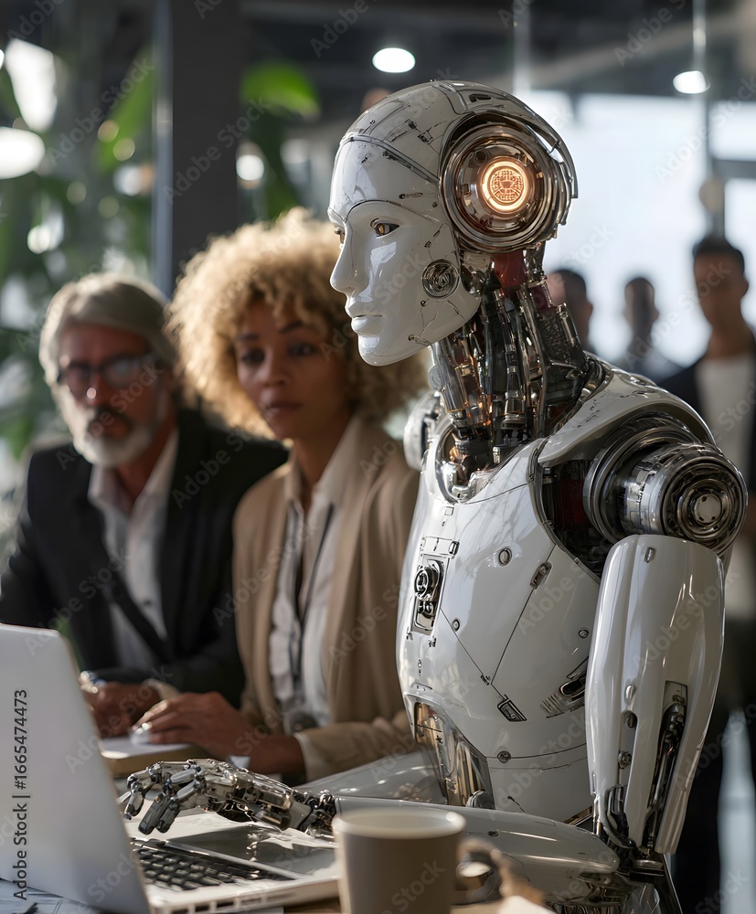Poster sleek white humanoid robot with exposed mechanics and a glowing head processor working at a desk.
