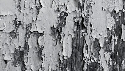 A weathered gray wood surface, exhibiting intricate patterns of cracked and peeling paint.
