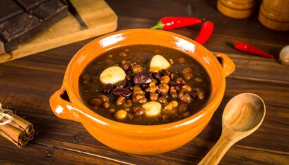 A hearty, flavorful stew of beans, lentils, and other vegetables in an attractive terracotta bowl.