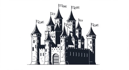 Obraz premium A castle with flags and flags showing vector illustration of a castle with towers and flags, isolated on white background