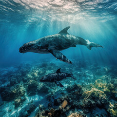 Whale and baby calf resting near a shallow coral reef, warm sunlit water, vibrant marine biodiversity, cinematic fine art marine wildlife photography, ultra-detailed realism 