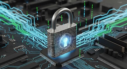 Secure padlock on computer chip representing digital data protection and safety