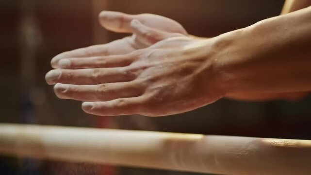Male gymnast clapping chalk powder on his hands before training on the parallel bars.