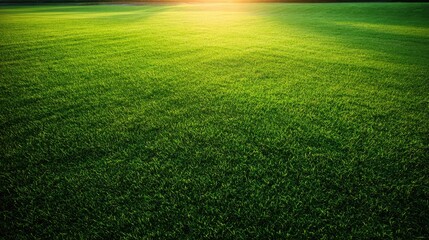 Obraz premium Lush Green Grass Field at Sunrise with Soft Sunlight Illuminating the Landscape and Creating Gentle Shadows