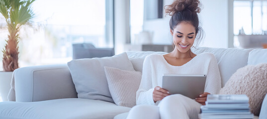 Happy young woman sitting on sofa in modern white living room, using Tablet computer to view  content surrounded by bright natural light. Beautifull people and modern technology concept image.