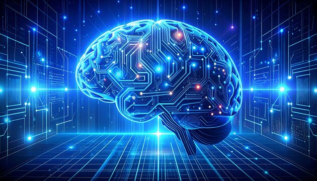Glowing digital brain with circuit board patterns and network grid on a blue futuristic background - Powered by Adobe