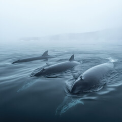 Whale pod swimming in the Arctic, icy blue waters, soft fog rising, dramatic and breathtaking fine art marine photography, ultra-detailed realism, high-resolution depth 