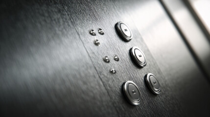 Close-up of sleek brushed metal elevator button panel with clear braille dots, minimalist accessible