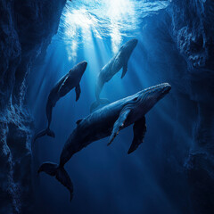 Whale pod navigating through an underwater canyon, dramatic deep-sea lighting, stunning blue gradients, cinematic marine wildlife photography, ultra-detailed textures 