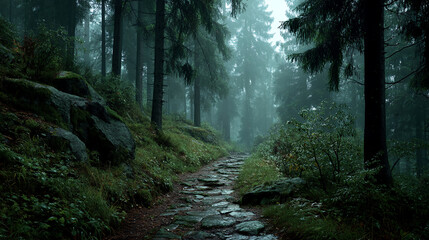 Obraz premium Misty forest path scenery: explore nature trails, hiking through serene woodland landscape