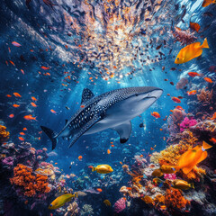 Whale shark swimming peacefully through crystal-clear tropical waters, gentle giant surrounded by colorful fish, breathtaking marine fine art photography, ultra-detailed realism 