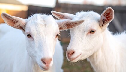 Two adorable white goats, close-up portrait, showcasing their soft fur and gentle expressions.