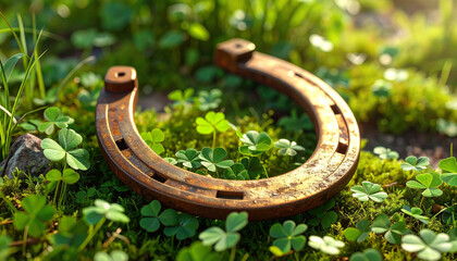 A festive St. Patrick's Day scene with a bowl of shamrocks and gold coins on a wooden table.
