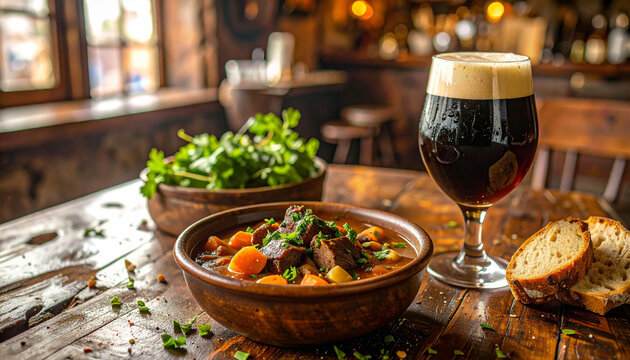 A rustic wooden table laden with traditional food and green beer for a St. Patrick's Day celebration.