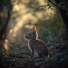 Wild rabbit sitting in a quiet woodland, soft light filtering through the trees, serene and peaceful atmosphere, cinematic fine art wildlife photography, breathtaking depth 