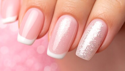 Close-up of manicured nails with light pink and white design