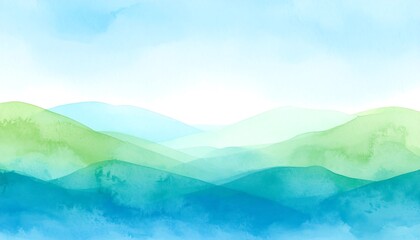 A serene watercolor landscape displays soft, layered hills in shades of light blue, teal, and green, evoking a tranquil mountain view.