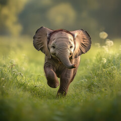 Young elephant running joyfully through lush green fields, playful energy, soft focus background, ultra-detailed textures, stunning wildlife photography, joyful atmosphere 
