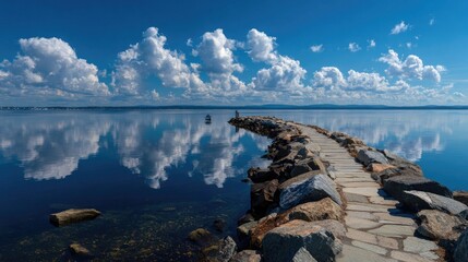 Serene path across a calm lake, clouds mirrored perfectly