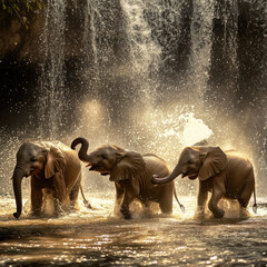 Young elephants playing under a waterfall, sparkling water droplets, joyful and vibrant atmosphere, stunning high-speed photography, breathtaking lighting effects 