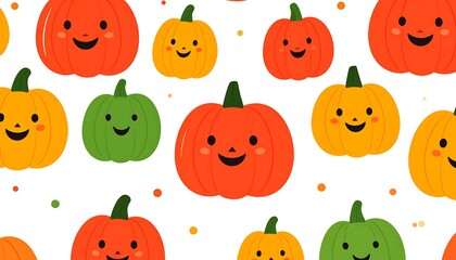 A cheerful pattern of various colored pumpkins with cute faces against a white background.