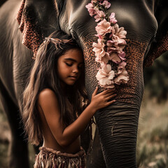 Young indigenous girl placing a handmade floral garland around an elephant’s neck, delicate and beautiful moment, cinematic lighting, ultra-detailed wildlife photography 