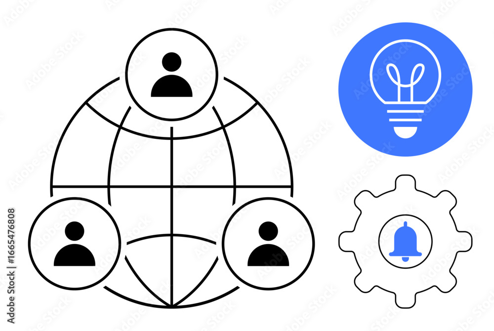 Poster network of three interconnected users on a globe, blue lightbulb for idea sharing, gear with a bell 