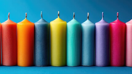 Colorful candles in a row against a blue background