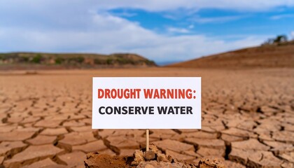 A drought warning sign stands on cracked earth, urging water conservation in a dry landscape.