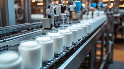 Obraz premium Automated yogurt filling factory line production