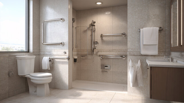 Accessibility-friendly bathroom with modern fixtures, grab rails, wide clear doorway, clean neutral minimalist