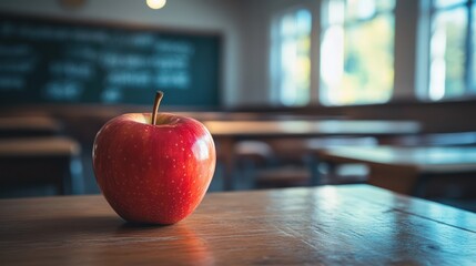 Fresh red apple sitting on the wooden desk inside school classroom