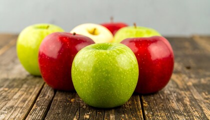 Close-up view of vibrant green and red apples arranged on a rustic wooden surface, showcasing a variety of colors and textures.