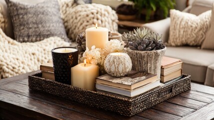 Cozy Home Decor Arrangement with Candles, Succulents, and Decorative Textures for a Warm Living Space Ambiance