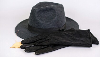 A dark gray fedora and black gloves rest on a plain white surface, accompanied by a pale yellow leaf.