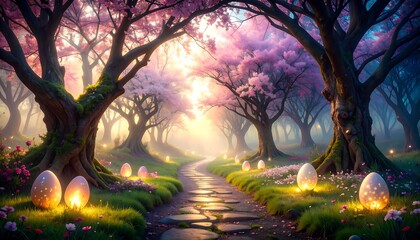 A pathway lined with luminous eggs leads through a magical forest of blossoming trees bathed in soft light.