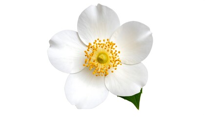 Close-up of a delicate, white flower with vibrant yellow stamens and green leaves, centered against a pristine white background.