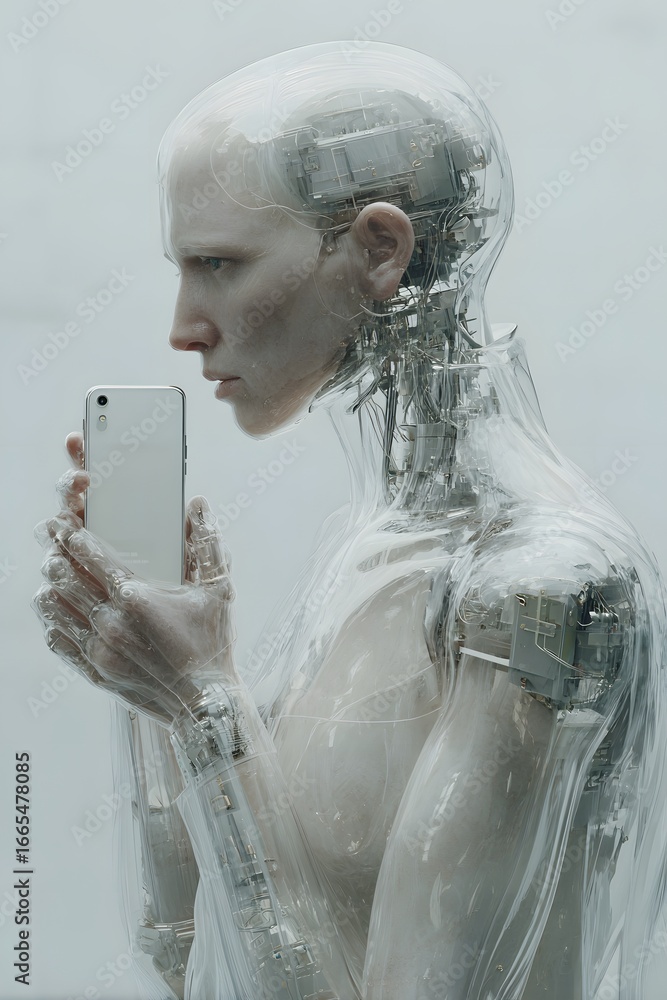 Poster profile of a translucent humanoid android with visible internal mechanics holding a white smartphone