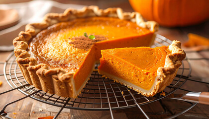 A delicious homemade pumpkin pie with a slice taken out, a classic dessert for Thanksgiving.