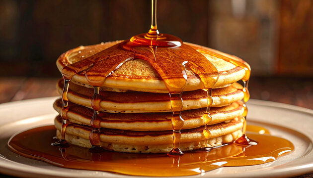 A tall stack of fluffy pancakes drizzled with maple syrup and topped with butter, a classic autumn breakfast.