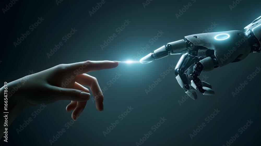 Poster human and robotic hands reaching to touch a modern creation of adam with a glowing spark.