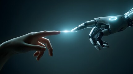 Human and robotic hands reaching to touch a modern Creation of Adam with a glowing spark.