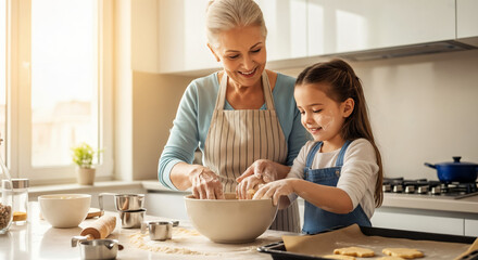 Family Bonding Scene with Grandmother and Child Baking Together
