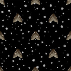 Seamless seasonal animal pattern with butterflies and snow. Winter insect design. Moth Leucanella janeira. On black background.