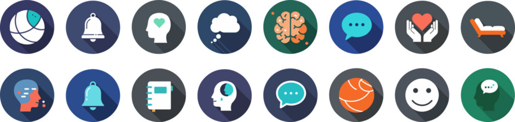 Set of 16 colorful round badge icons on dark gradient background