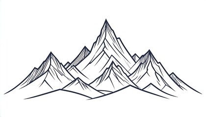 Line art depiction of a majestic mountain range, sharply defined peaks and valleys against a blank background